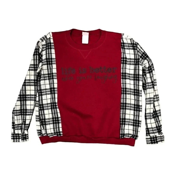 Upcycled life is better crew reworked oversized maroon white black plaid OOAK - Picture 1 of 1